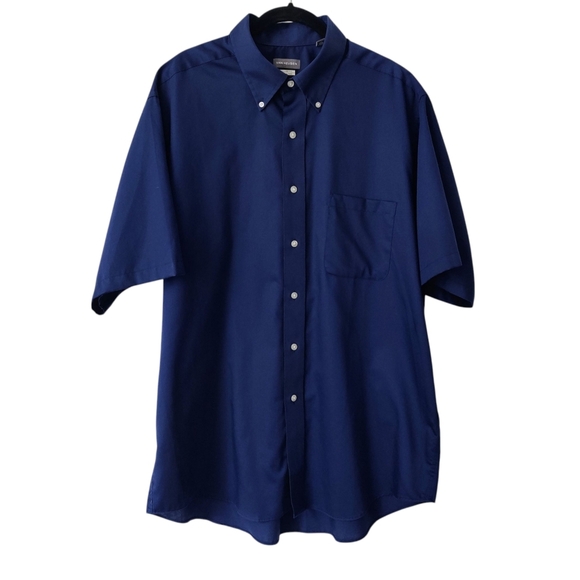 VAN HEUSEN Wrinkle Free Shirt L Navy Blue Short Sleeve Button Down Men's - Picture 1 of 9